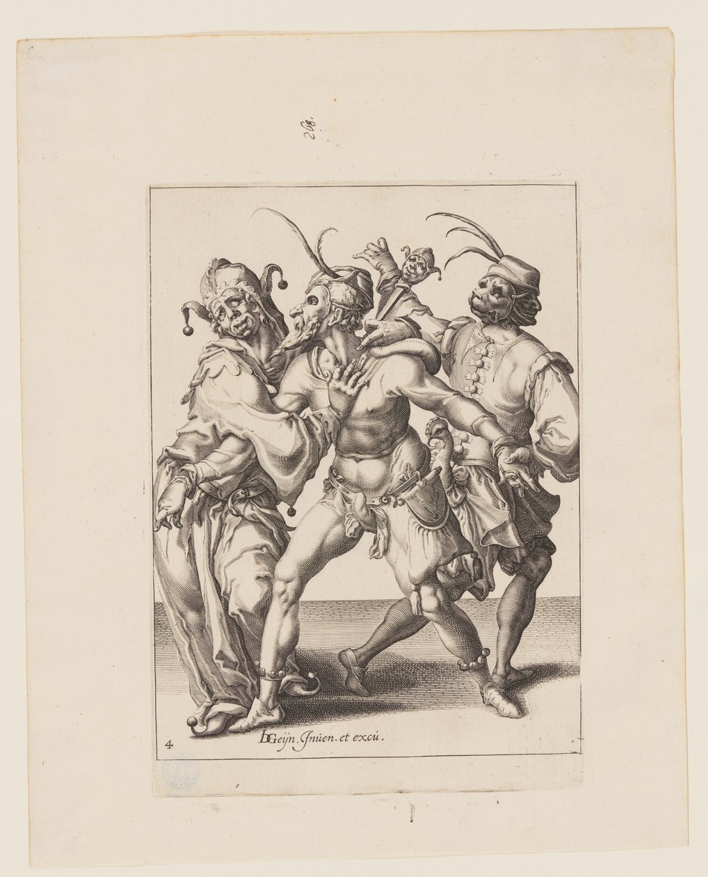 Tre dansende mumier inklusive en gøgler, fra Maskeraderne af Jacques de Gheyn II