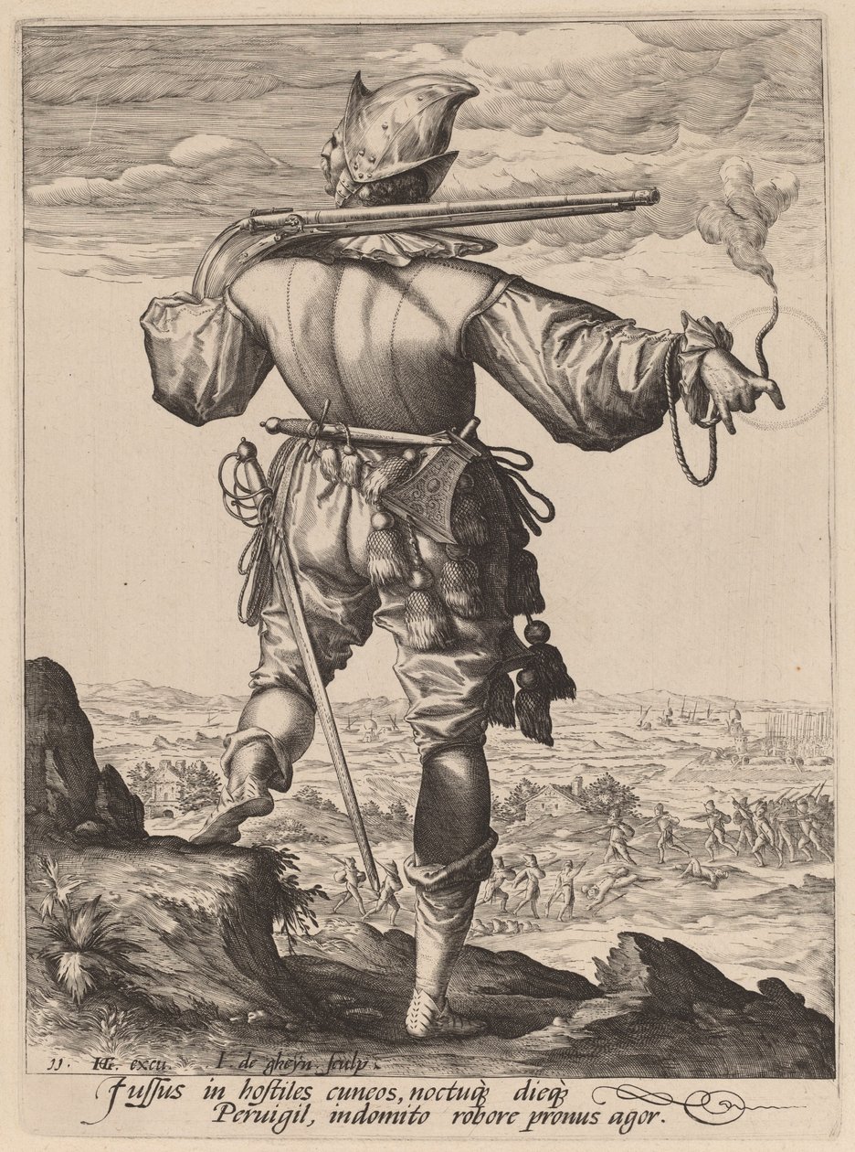 Musketer med hjelm af Jacques de Gheyn II after Hendrik Goltzius
