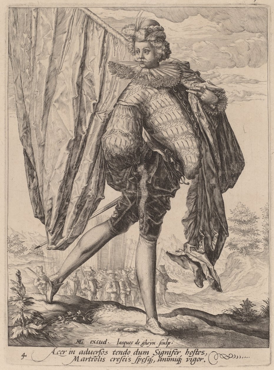 Soldat bevæbnet med bredsværd og skjold af Jacques de Gheyn II after Hendrik Goltzius
