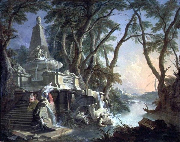 Pyramidefontænen med en ødelagt statue af Neptun, eller Landskab: Floden (olie på lærred) af Jacques de Lajoüe
