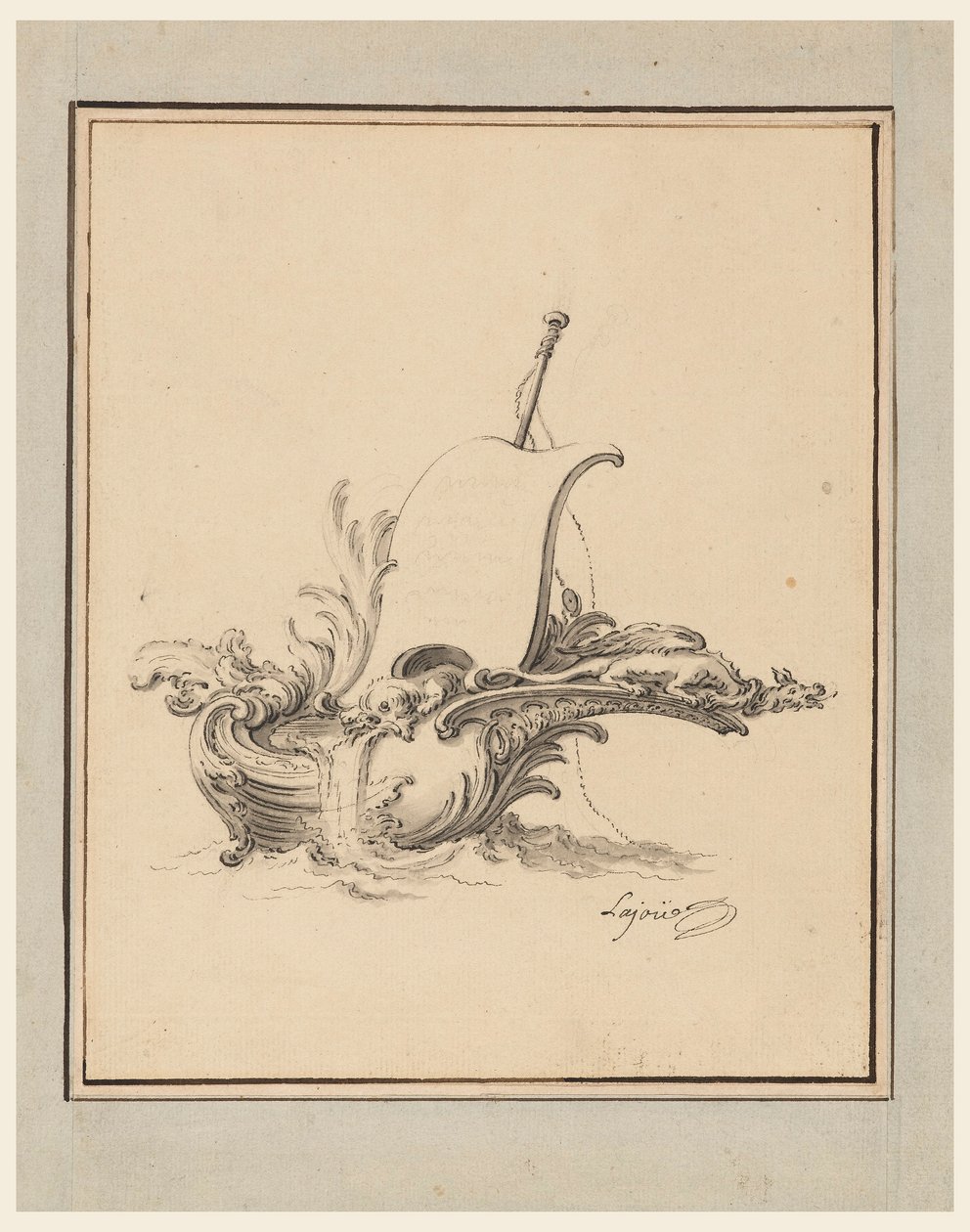 Tegning, design til et våbenskjold i form af en båd med sejl, til Recueil Nouveau de Differens Cartouches, 1734 af Jacques de Lajoüe