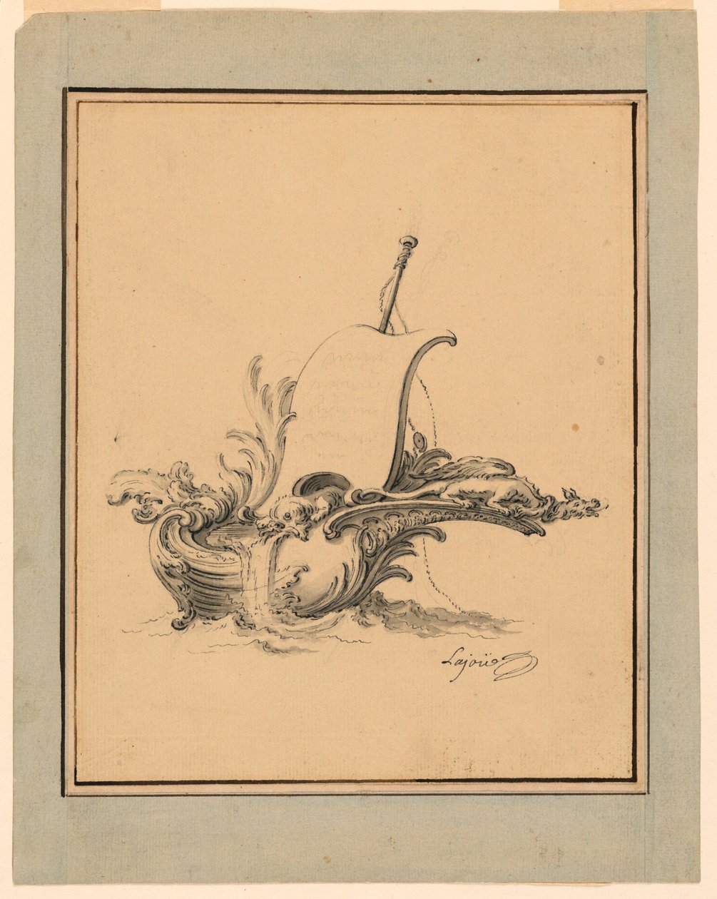 Tegning, design til et våbenskjold i form af en båd med sejl, til Recueil Nouveau de Differens Cartouches, 1734 af Jacques de Lajoüe
