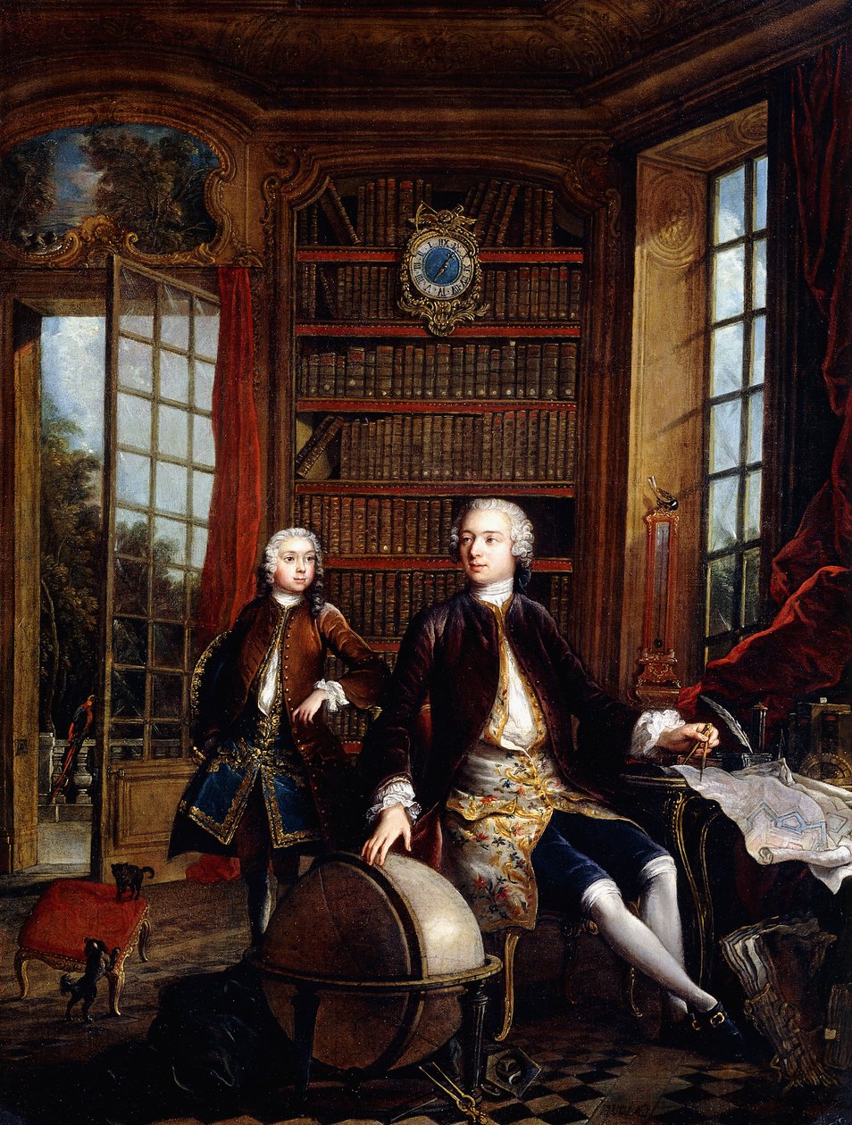 Portræt af kunstnerens søn med sin lærer, der siges at være kunstneren Jean Baptiste de Courtonne den yngre, i et bibliotek, af Jacques de Lajoüe