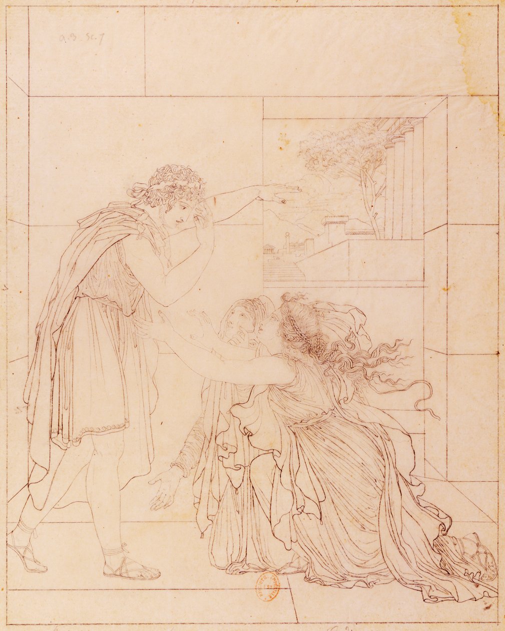 Andromaque ved fødderne af Pyrrhus, illustration til Andromaque af Jean Racine (1639-1699), af Jacques de Seve (1742-1788), tegning af Jacques de Seve