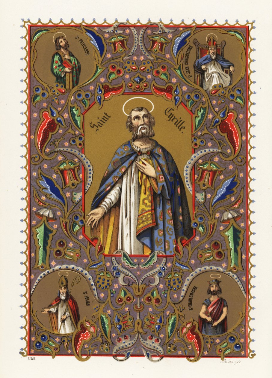 Portræt af Cyril af Alexandria, patriark af Alexandria, med glorie og kappe, inden for dekorativ kant af løv af Jacquet Jacquet