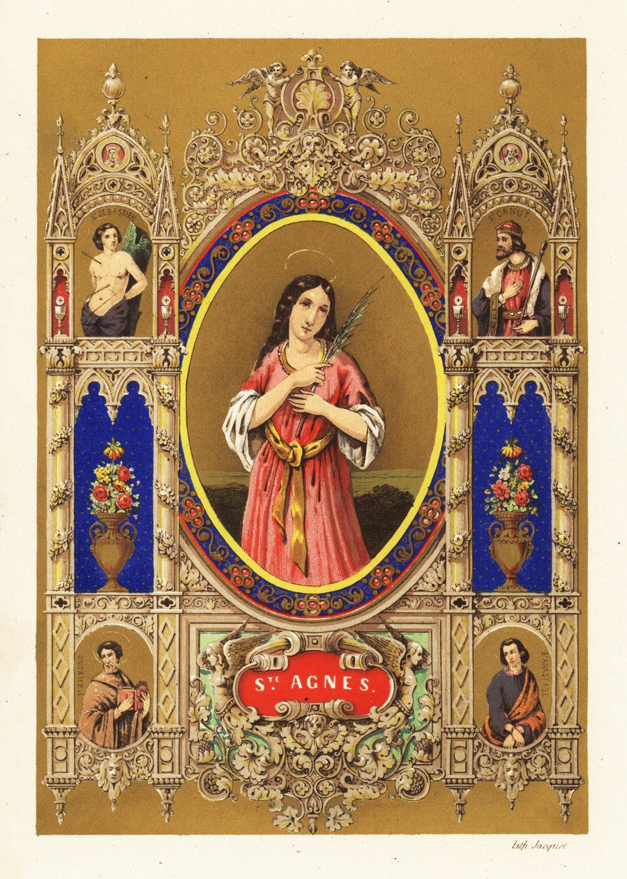 Portræt af den hellige Agnes af Rom, jomfru martyr, med glorie og palmeblade inden for dekorativ kant af Jacquet Jacquet