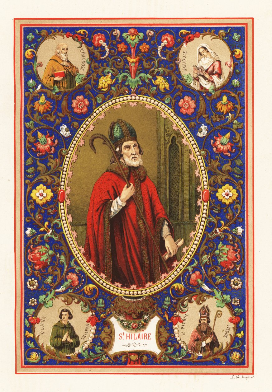 Portræt af Saint Hilary, biskop af Poitiers, med gering og krog, inden for en dekorativ kant af løv af Jacquet Jacquet
