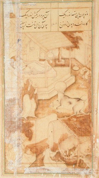 En kvinde med sin syge datter bliver forstyrret af en ko med en vandpotte fast på hovedet, fra Hadiqat Ul-Haqiqat (Sandhedens Have) af Hakim Sanai, fjerde miniature, folio 178, Mughal af Jaganath Jaganath