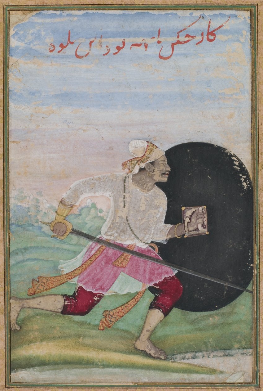 Running Swordsman, Mughal-dynastiet, ca. 1600 (ugennemsigtigt wc, guld og blæk på papir) af Jaganatha
