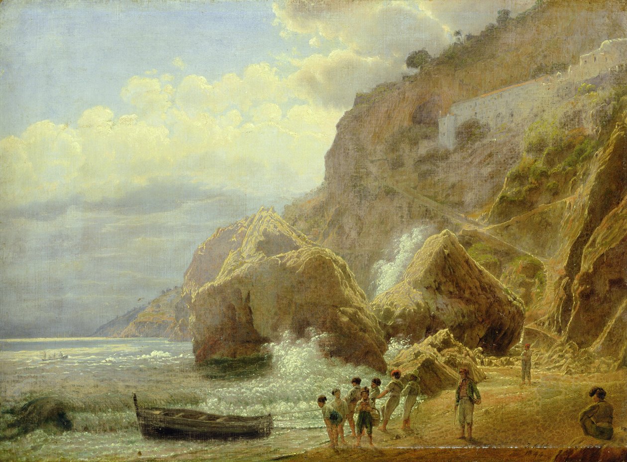 Italiensk kystlandskab, 1844 (olie på papir lagt på lærred) af Jakob Alt