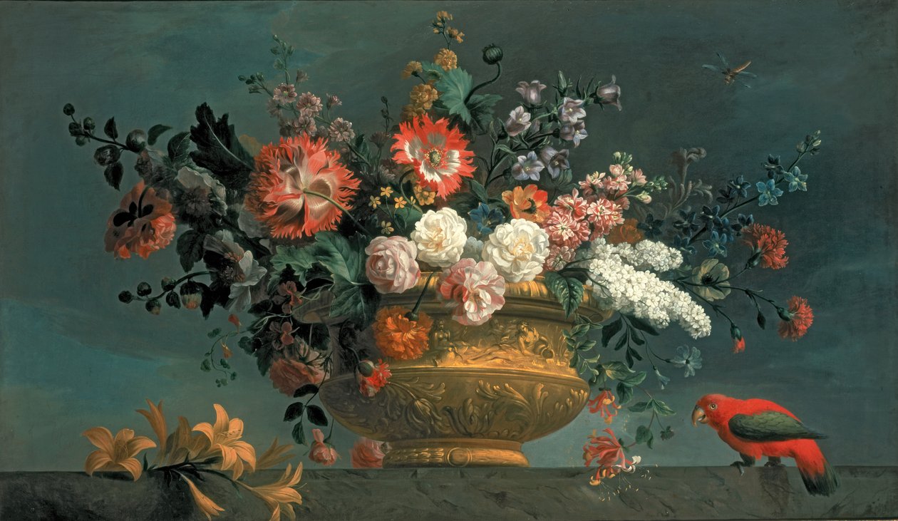 Blomsterstykke med papegøje af Jakob Bogdani or Bogdany