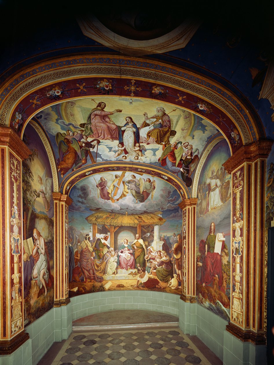 Fødselen, flankeret af St. Mary Magdalene og St. John the Evangelist, ca. 1842 af Jakob Goetzenberger