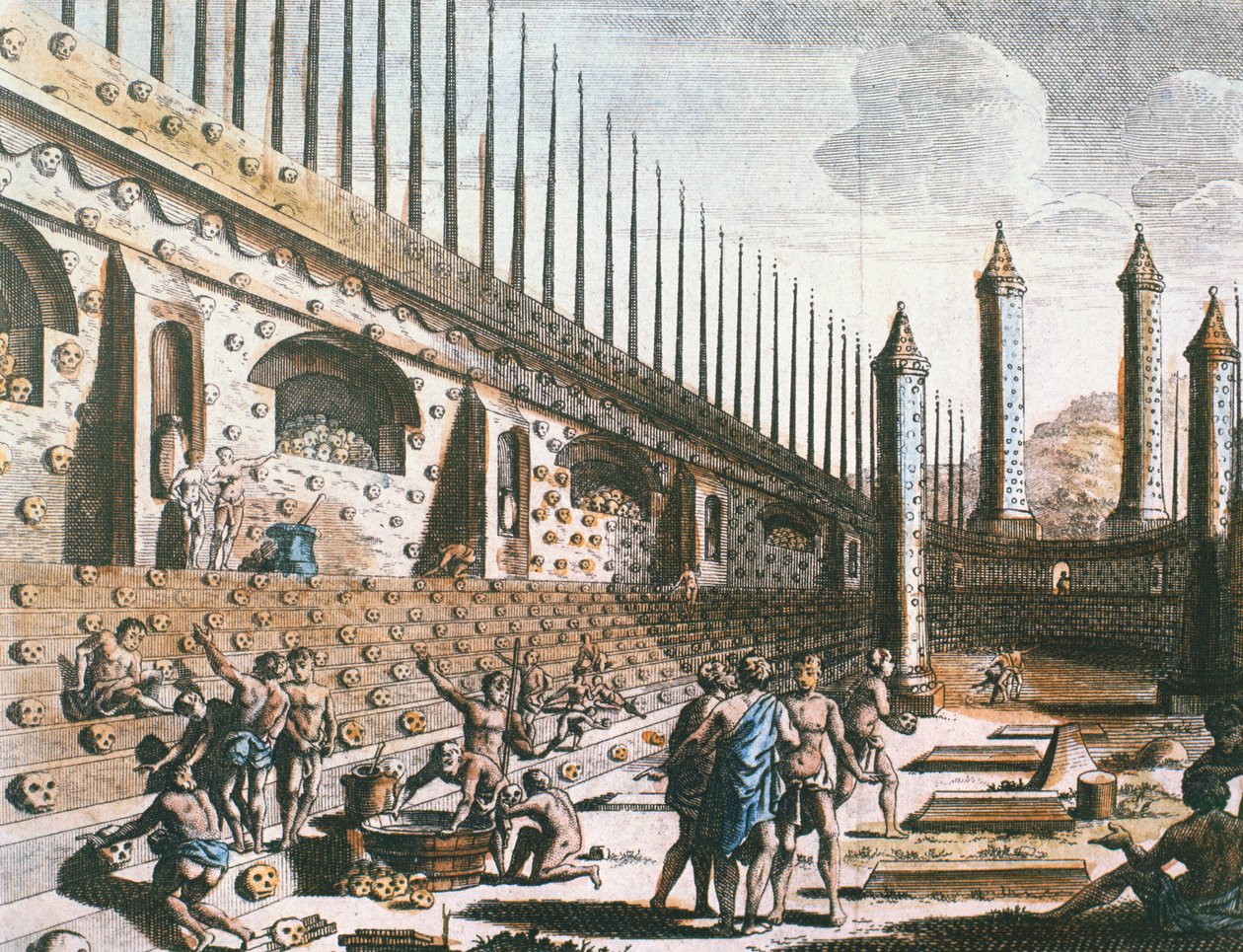 En mur af menneskelige kranier, Templo Mayor, Tenochtitlan af Jakob van der Schley