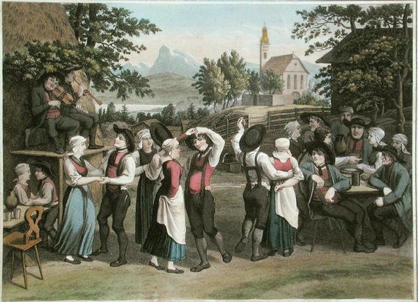 Østrigsk landsbydans, illustration fra "Voyage Pittoresque en Autriche" af Alexandre de Laborde, udgivet i Paris 1821 (farvestik) af Jakob (after) Gauermann