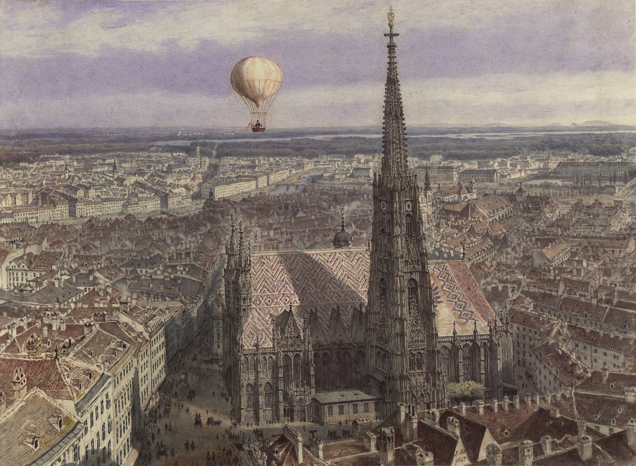 Ballonfærd over Wien (Udsigt over Wien fra sydvest med en ballon over byen) af Jakob Alt