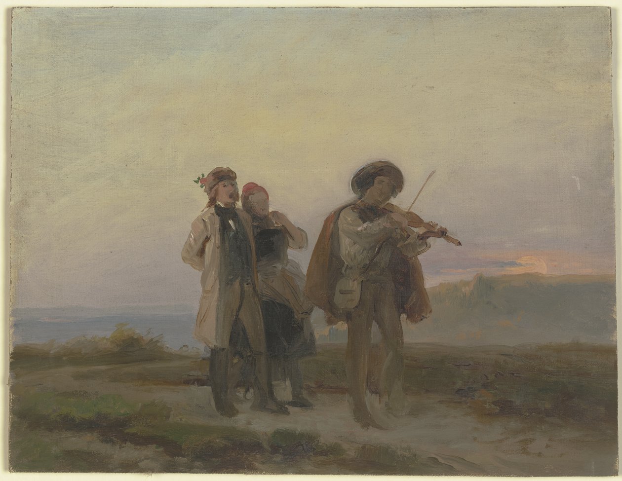 Aftengåtur, en violinist og et bondepar på markerne af Jakob Becker
