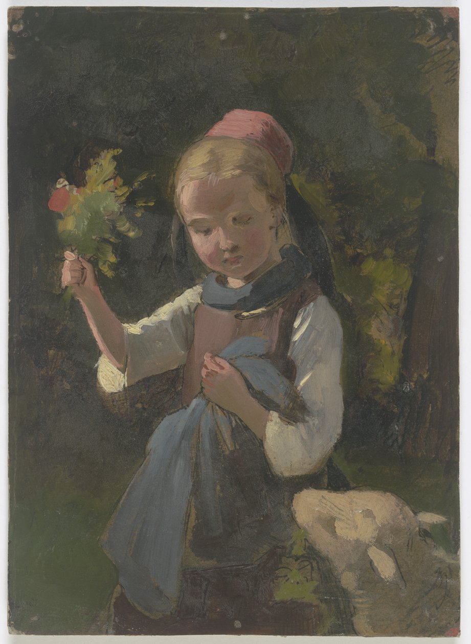 Bondpige med blomsterbuket, fra højre et får af Jakob Becker