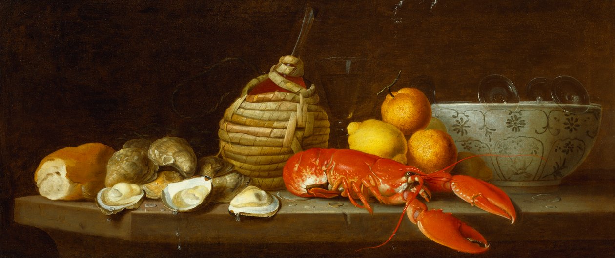 Brød, østers, en Chianti-kolbe, en hummer, citroner, appelsiner og glas i en porcelænsskål på en afsats af Jakob Bogdani or Bogdany