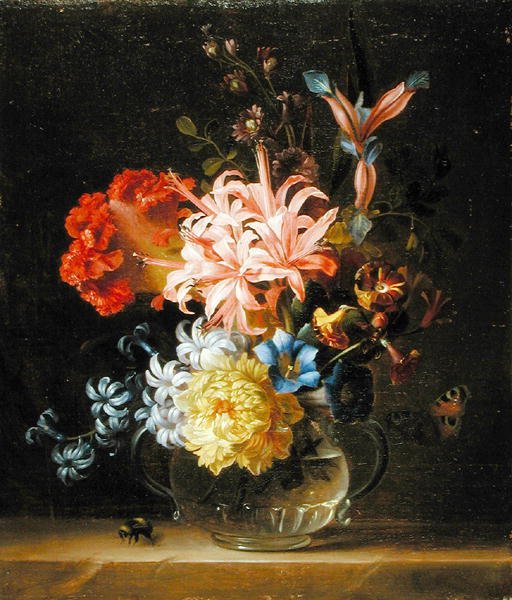 Stilleben af blomster i en glasvase, med en humlebi og en sommerfugl (olie på lærred) af Jakob Bogdani or Bogdany