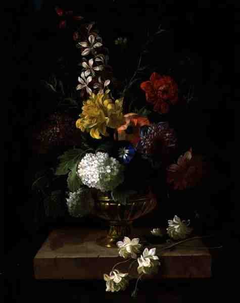 Stilleben af blomster i en urne (olie på panel) af Jakob Bogdani or Bogdany