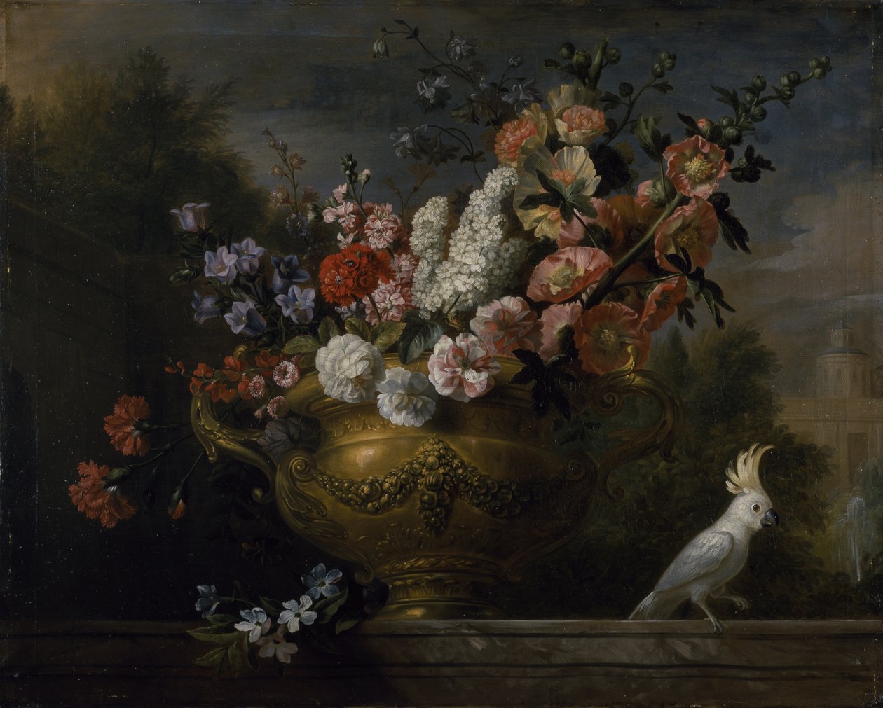 Stilleben med blomster i en urne, med en kakadue, på en afsats, ca. 1699 (olie på lærred) af Jakob Bogdani or Bogdany
