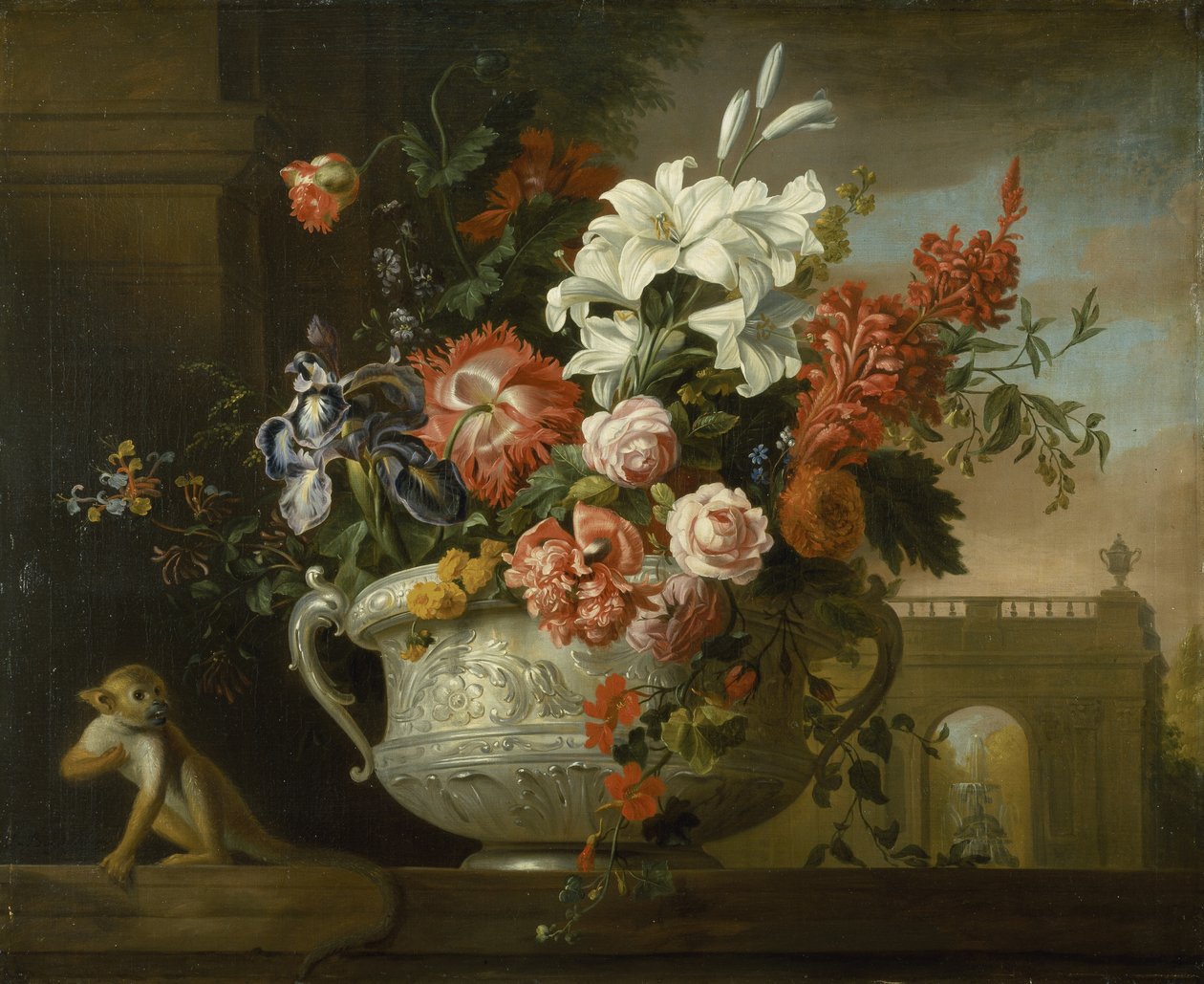 Stilleben med blomster i en urne, med en abe, på en afsats, ca. 1699 (olie på lærred) af Jakob Bogdani or Bogdany