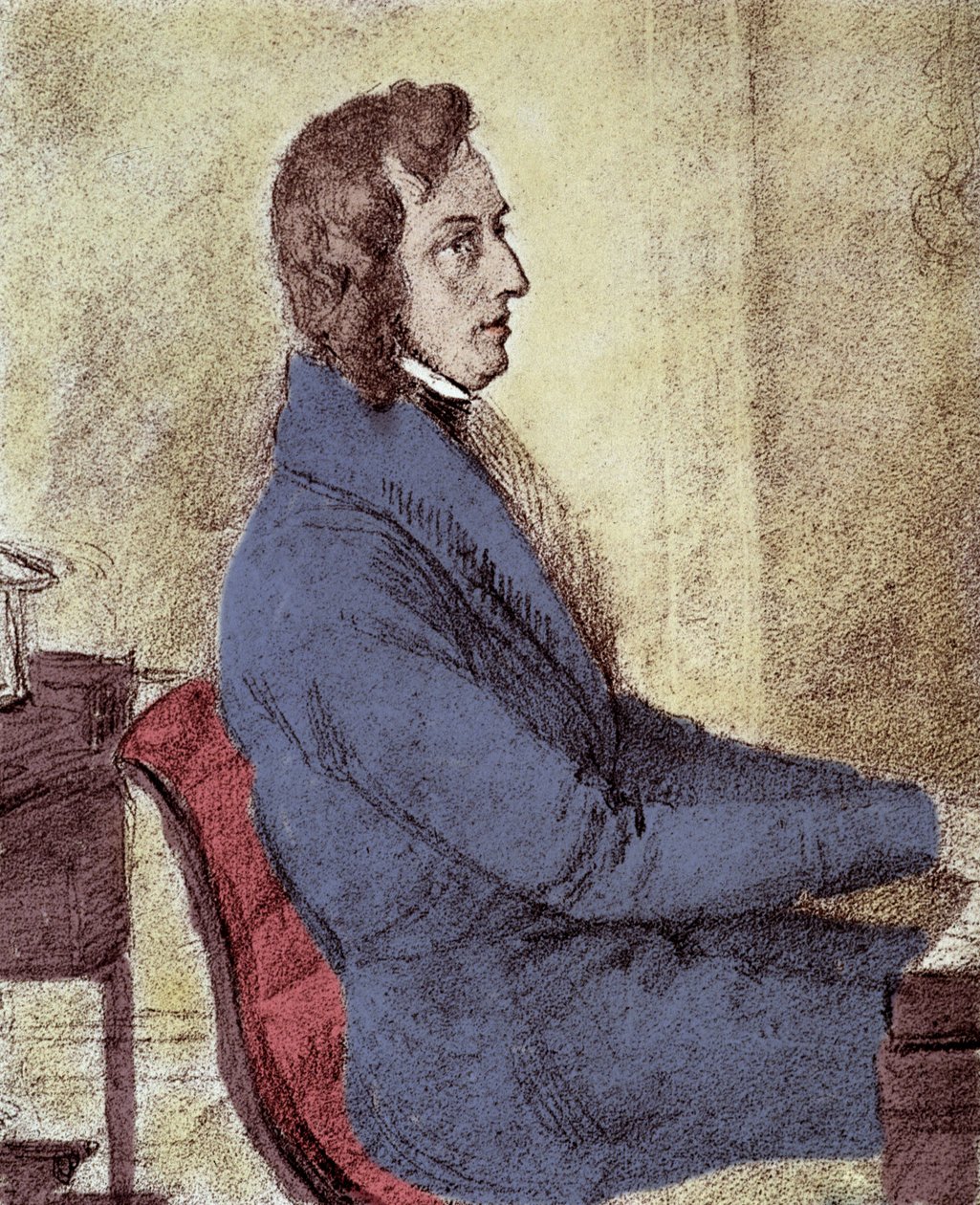 Portræt af Frederic Chopin (1810-1849), polsk komponist. - tegning af Götzenberger af Jakob Goetzenberger
