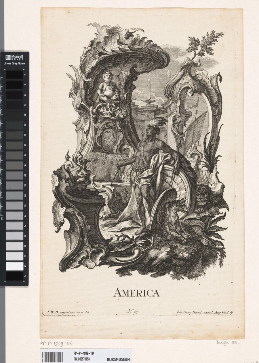 Rocaille med personificeringen af ​​det amerikanske kontinent Amerika (titel på objekt) De fire kontinenter (serietitel) af Jakob Gottlieb Thelott