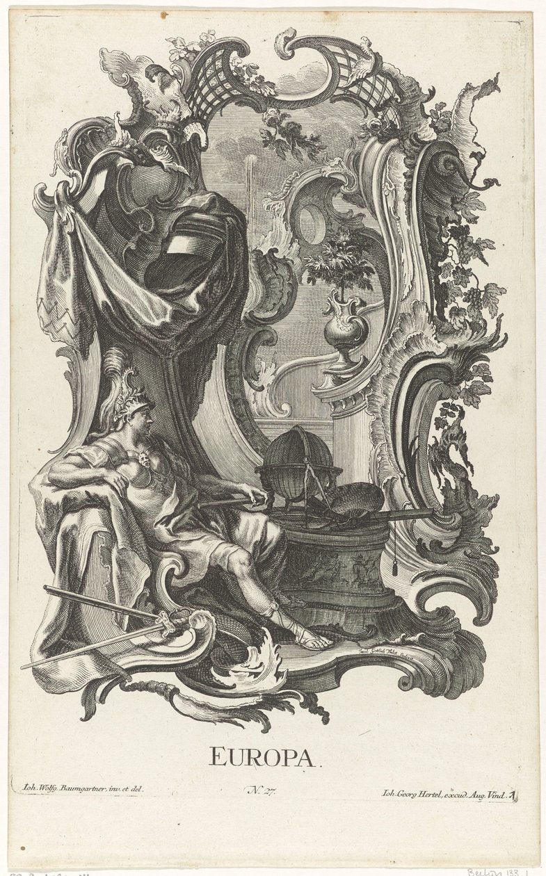 Rocaille med personificeringen af ​​det europæiske kontinent Europa (titel på objekt) De fire kontinenter (serietitel) af Jakob Gottlieb Thelott