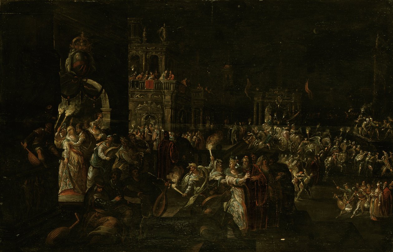 En karnevalsaften på en barok piazza af Jakob Isaaksz Swanenburgh