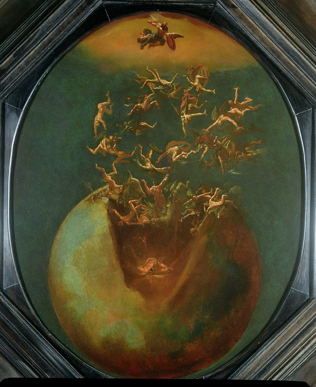 Satans og de oprørske engles fald fra himlen (olie på forsølvet kobber) af Jakob Isaaksz Swanenburgh