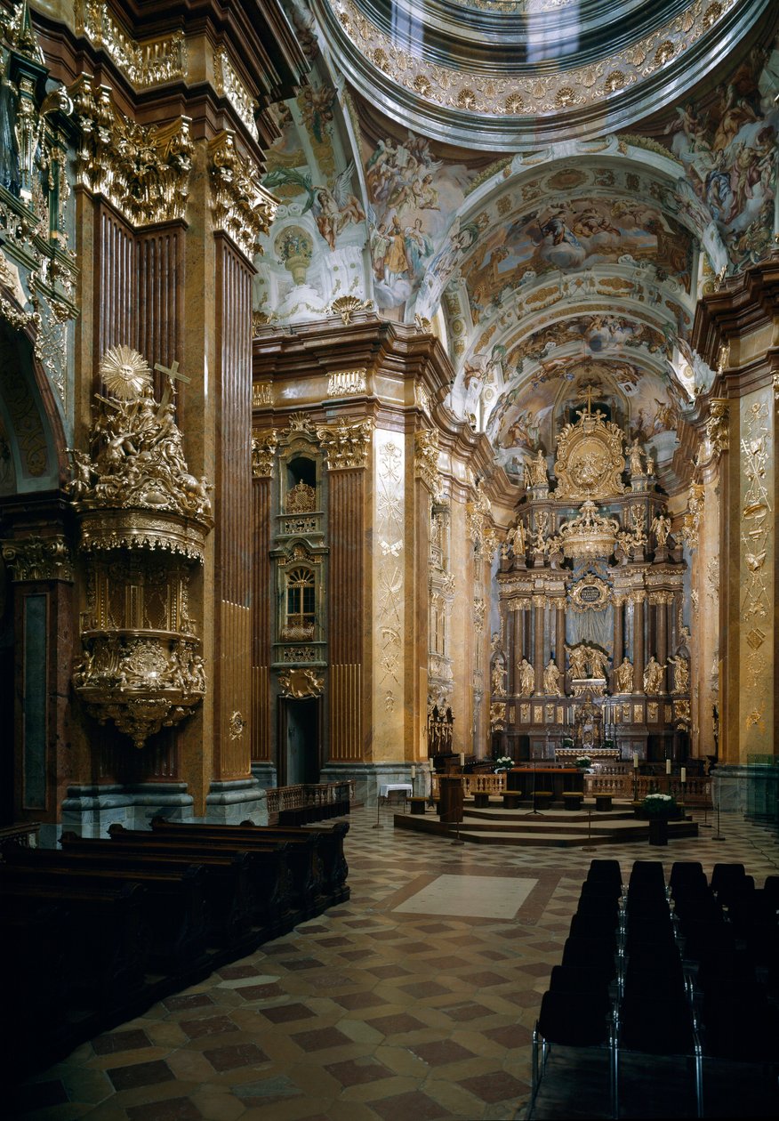 Indvendig udsigt af Benediktinerkirken i Melk designet af arkitekt Jakob Prandtauer (1660-1726), fresker af Johann Michael Rottmayr (1656-1730). Melk, Østrig af Jakob Prandtauer
