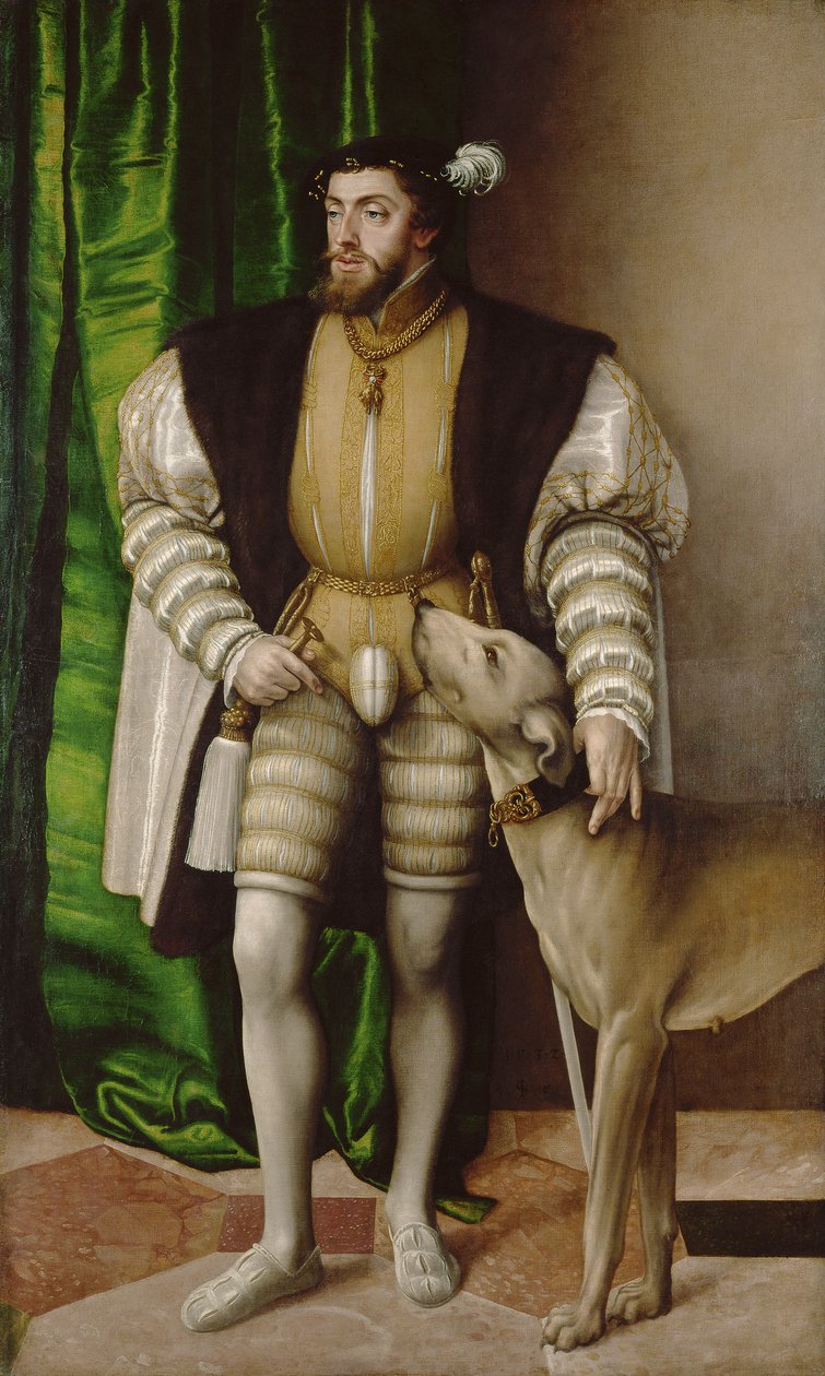 Portræt af kejser Karl V med hund af Jakob Seisenegger