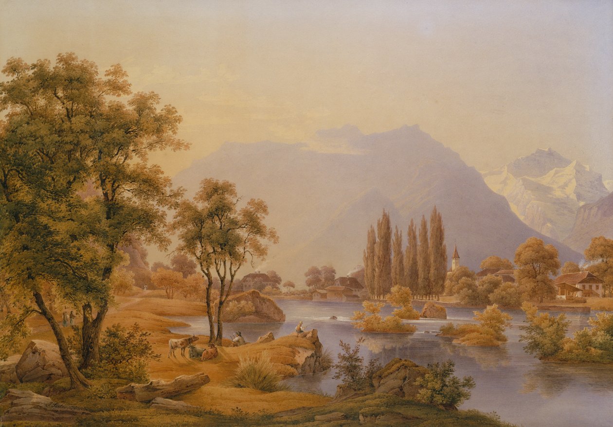 Udsigt over floden Aare og Interlaken med klosterkirken (olie) af Jakob Suter