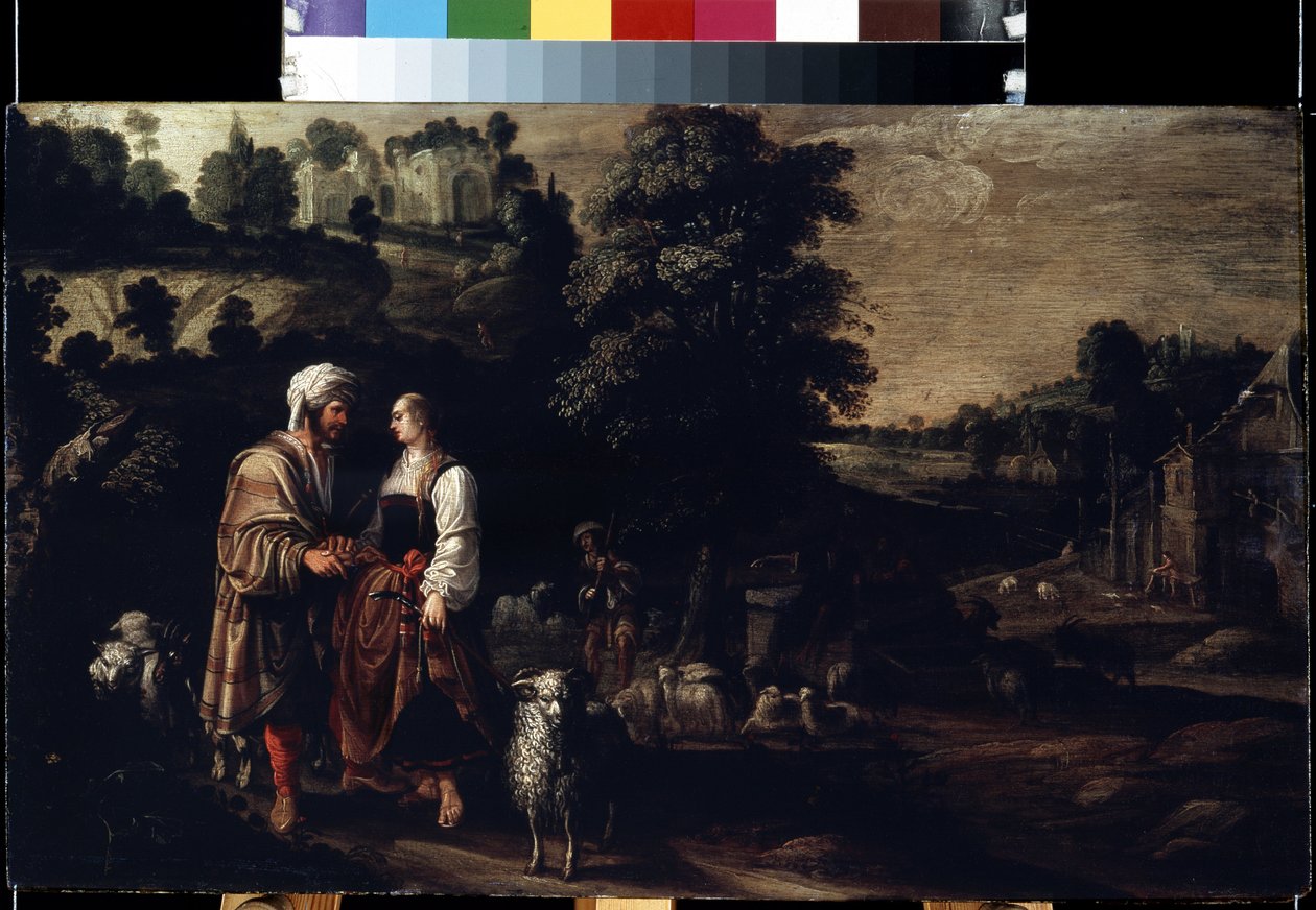 Jacob møder Rachel ved brønden (Jacob møder Rachel ved brønden). Maleri af Jacobus (Jacques) Wabbe eller Waben (aktiv mellem 1602-1634). Olie på træ, 38 x 62,5 cm af Jakob Wabbe