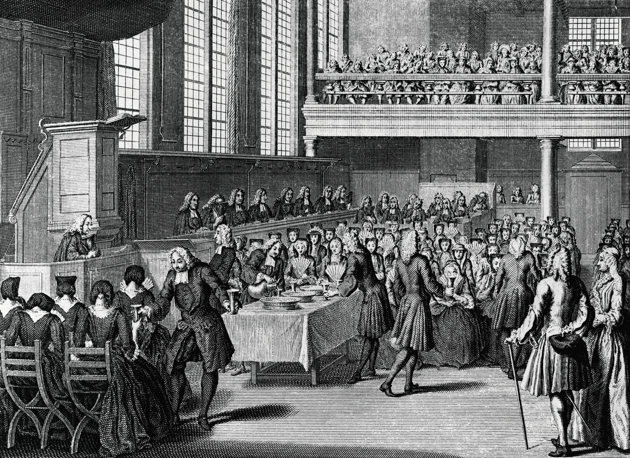 Anabaptisters middag, gravering af Jacobus van der Schley (1715-1779) fra religiøse ceremonier og skikke for alle verdens folkeslag af Jakob van der Schley