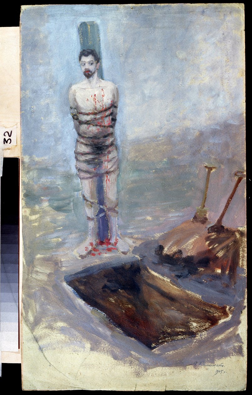 Russisk revolution fra 1905: "" Udførelse "" En fordømt tilknytning til en stilling efter hans hule grav. Jakov Kalinichenko Maleri (1869-1938) 1905 State Regional I. Pozhalostin Art Museum, Ryasan af Jakoff Jakovlevitch Kalinitchenko