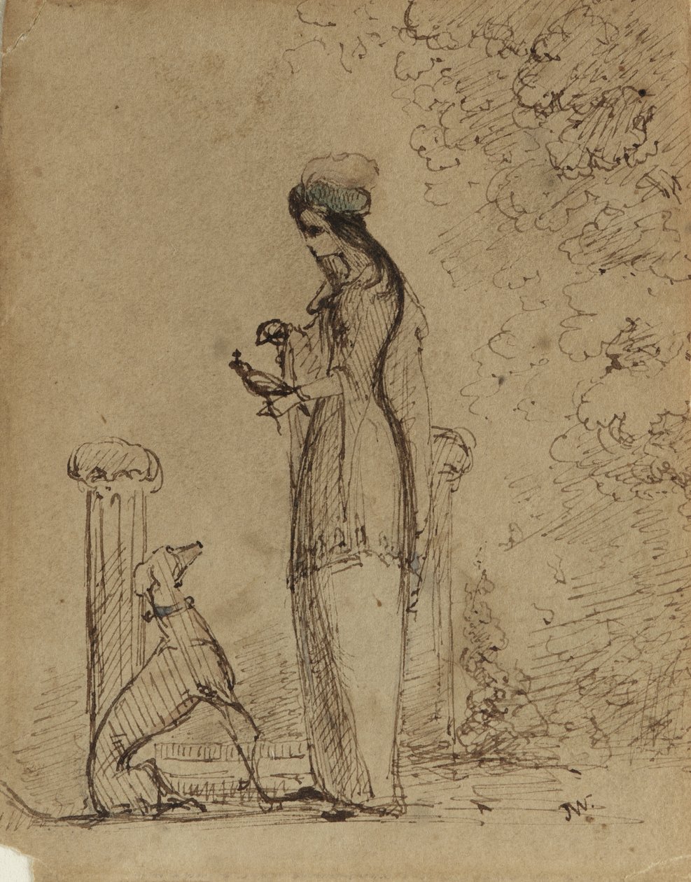 A Woman with a Dog and Bird, ca. 1850-51 (pen og blæk på lysebrunt papir) af James Abbott McNeill Whistler