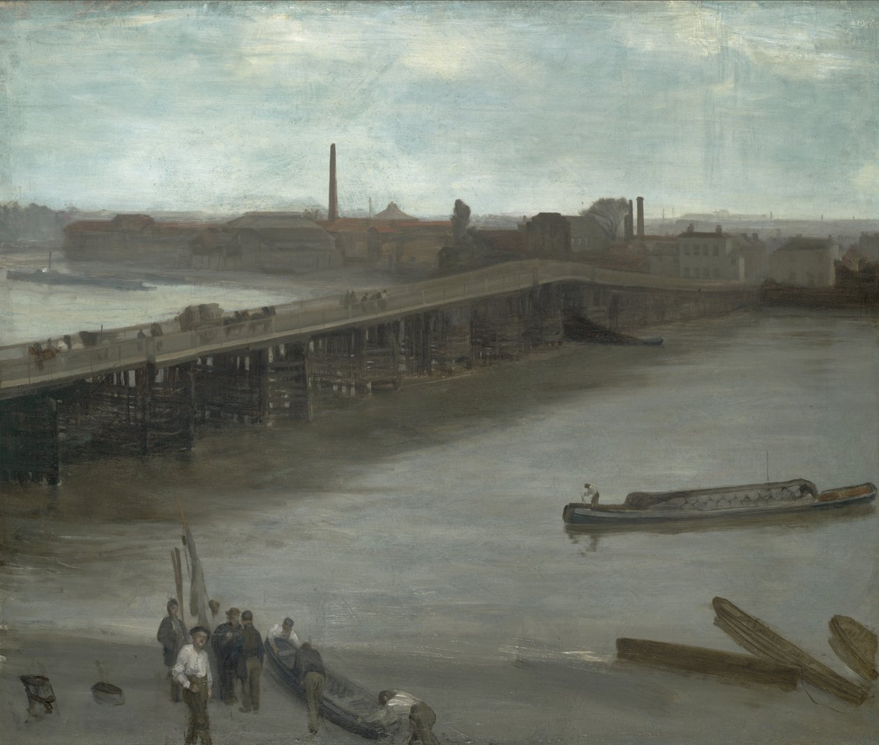 Brun og sølv: Old Battersea Bridge, 1859-1863 (olie på lærred monteret på masonit) af James Abbott McNeill Whistler