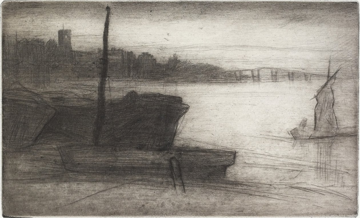 Chelsea Bridge og kirke fra seksten raderinger af scener på Themsen og andre emner, 1870-1871 af James Abbott McNeill Whistler