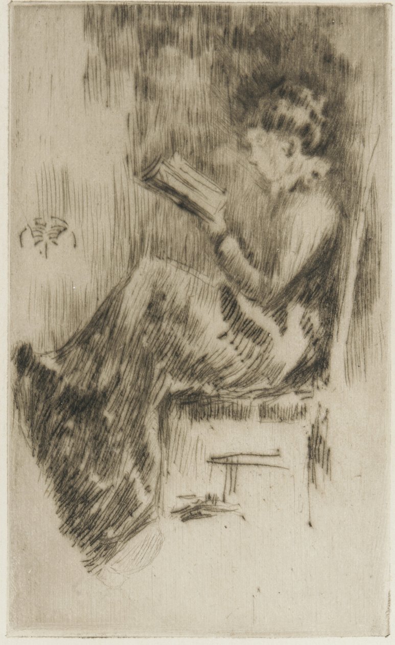 Læser en bog (muligvis Lizzie Dawson) ca. 1873 (tørpunkt på papir) af James Abbott McNeill Whistler