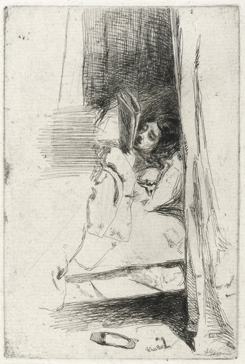 Læsning i sengen (Tøflen) 1858 (sort kulstofblæk på antikt lagt papir) af James Abbott McNeill Whistler