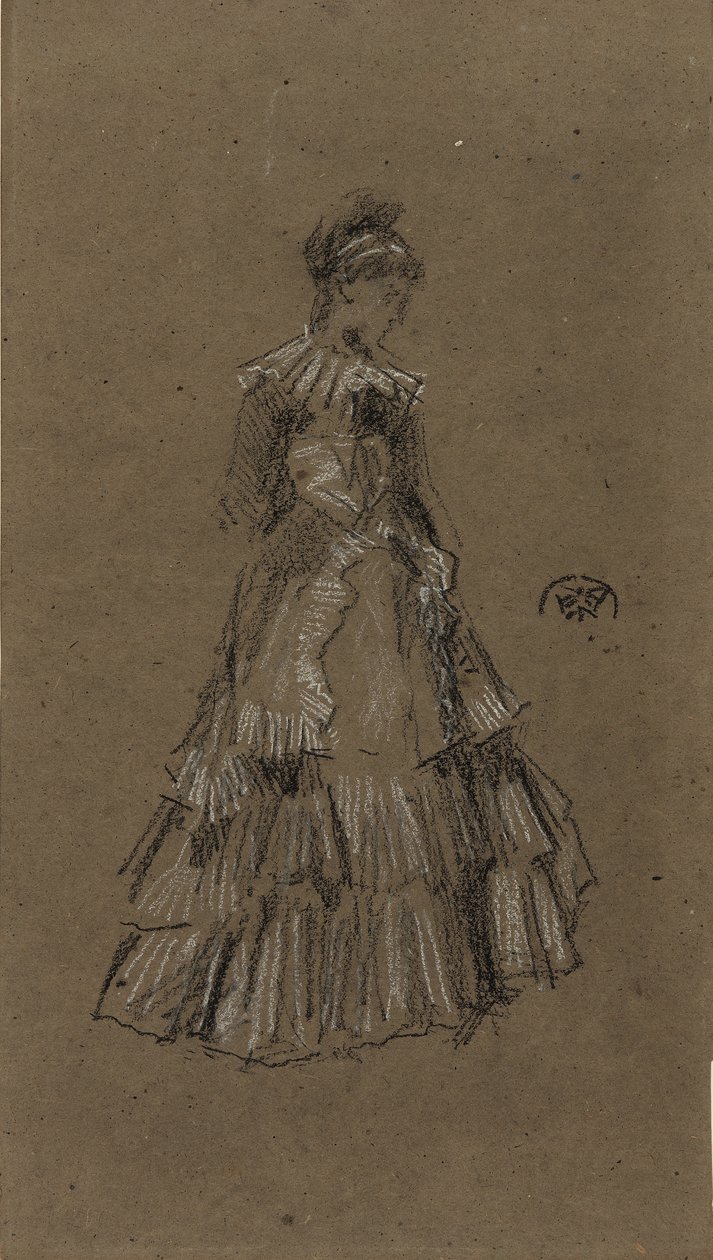 Stående kvinde i flæsk kjole, ca. 1873-75 (sort og hvidt kridt på brunt papir) af James Abbott McNeill Whistler