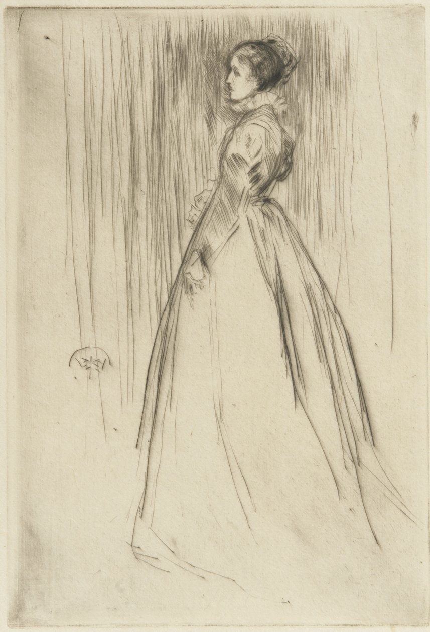The Velvet Dress (Frances Leyland) 1873 (tørpunkt på papir) af James Abbott McNeill Whistler