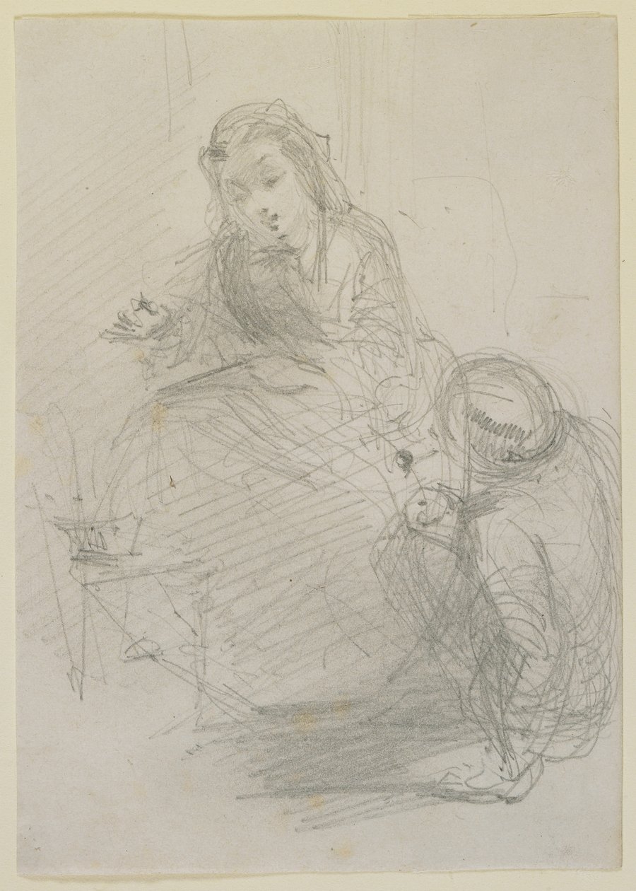 To figurer: en siddende pige og en mand på jorden til venstre for hende, ca. 1855-59 (blyant på råhvidt papir) af James Abbott McNeill Whistler