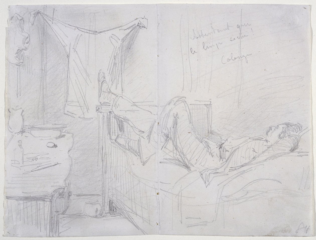 Venter på, at tøjet tørrer, Köln, 1858 (blyant på råhvidt vævet papir) af James Abbott McNeill Whistler
