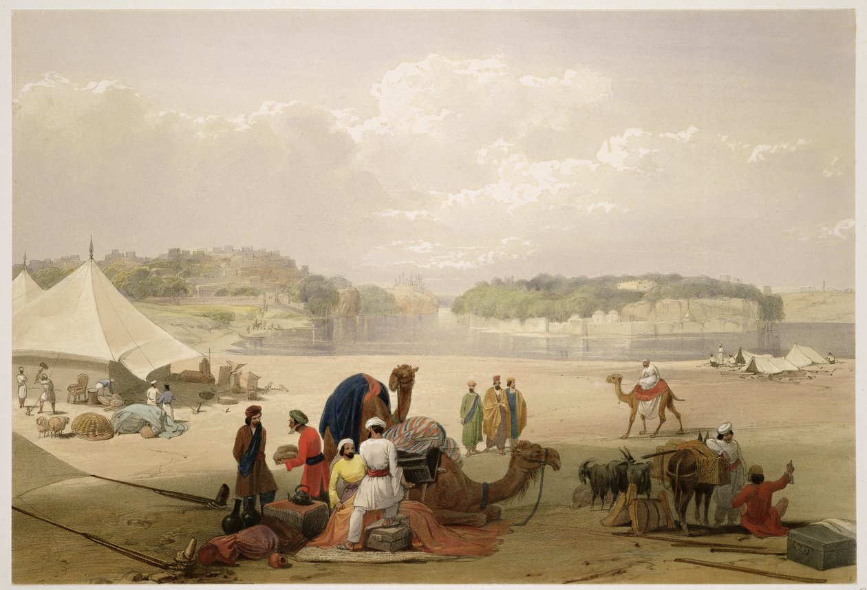 Byen Roree og fæstningen Bhukker ved Indus, fra "Sketches in Afghaunistan", graveret af Charles Haghe (1810-88) og Louis Haghe (1806-85), udgivet af Henry Graves, 1842 (farve). af James Atkinson