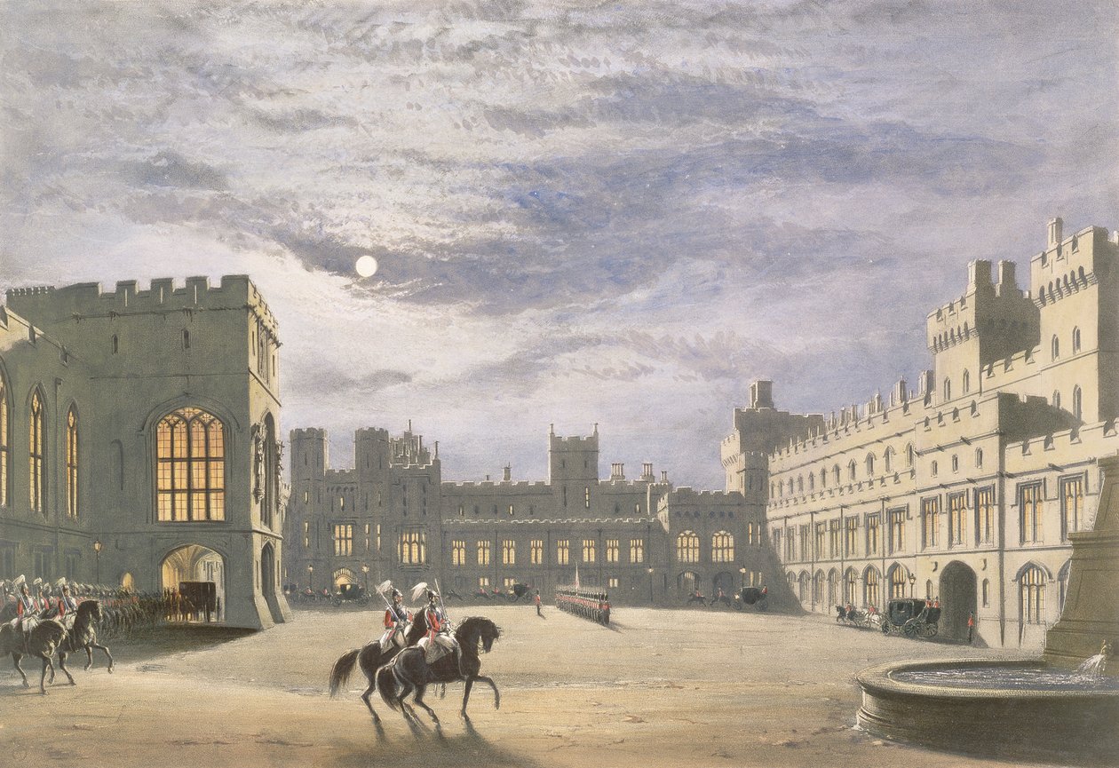 Statsankomst af en kongelig gæst, Quadrangle ved måneskin, Windsor Castle, 1838 af James Baker Pyne