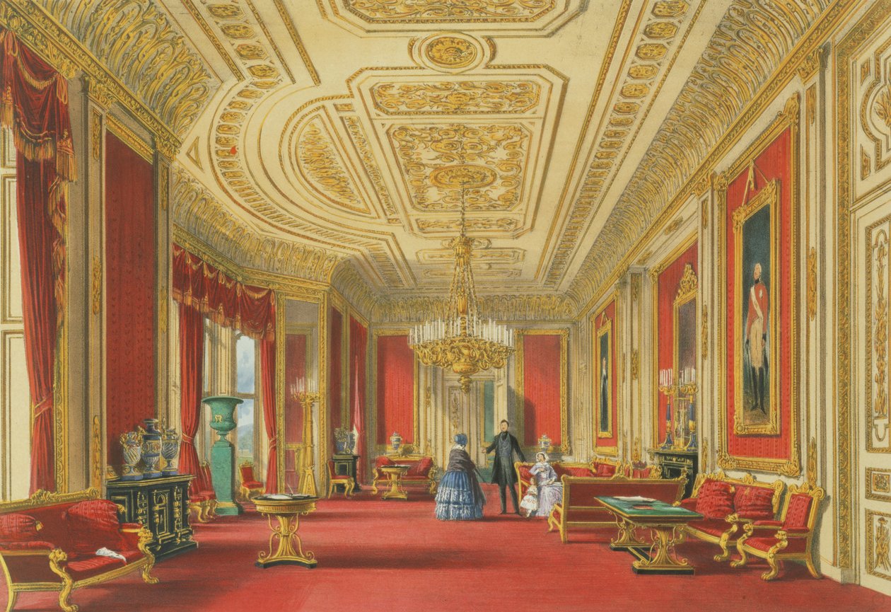 Den karminrøde sal, Windsor Castle, 1838 (chromolitho) af James Baker Pyne