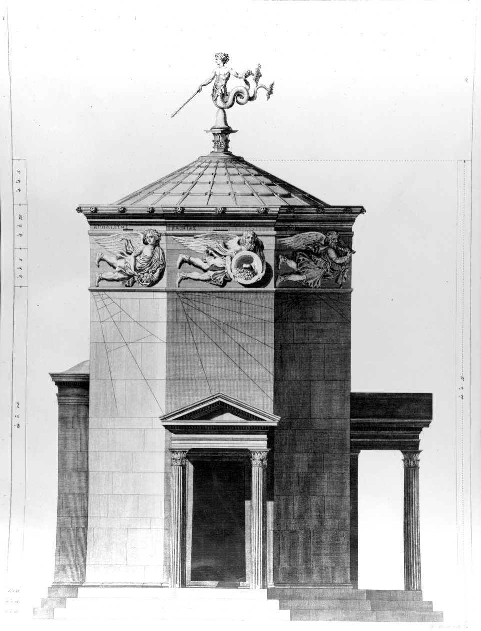 En rekonstruktion af Vindtårnet i den romerske agora i Athen, indgraveret i 1762 af James Basire